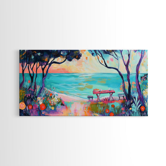 Vibrant Beach Picnic, Coastal Cowgirl Wall Art, Ocean View, Seascape Painting, Cottagecore Art, Nautical Decor, Canvas Print
