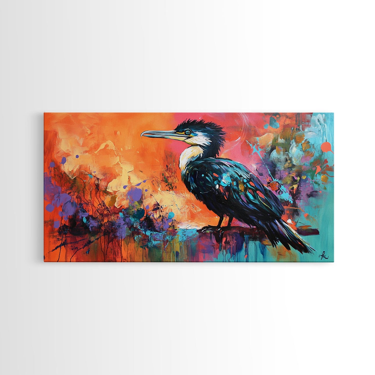 Colorful Bird, bird art, whimsical art, teal wall art, abstract wildlife painting, vibrant decor, boho art, Framed Canvas Print