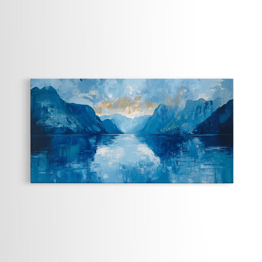 Fjord Painting, Blue and Green Wall Art, Lake Tahoe Art, Nautical Wall Art, Extra Wide Art, Panoramic Painting, Framed Canvas Print