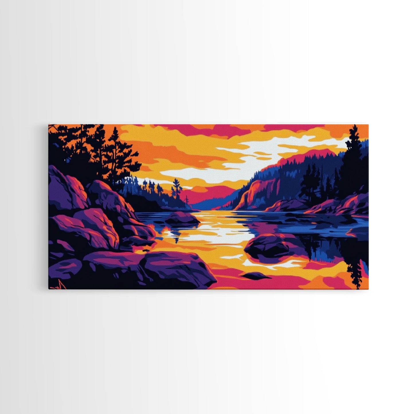 Golden Sunset, Rocky River, Mountain Reflection, Canvas Print, Rustic Lodge Wall Art, Autumn Home Decor, Warm Nature Painting, Colorful Art