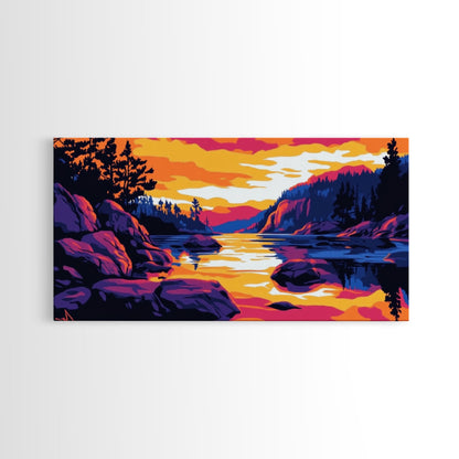 Golden Sunset, Rocky River, Mountain Reflection, Canvas Print, Rustic Lodge Wall Art, Autumn Home Decor, Warm Nature Painting, Colorful Art