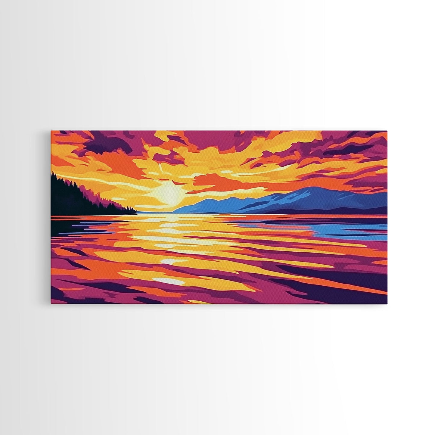Sunset Glow, Serene Lake Reflection, Mountain Landscape Art, Vibrant Sky Painting, Framed Canvas Print, Office Wall Decor, Modern Home Art