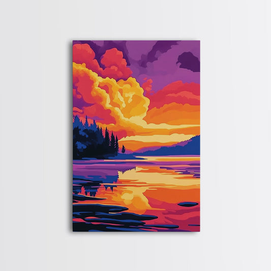 Tranquil Lake, Vibrant Sunset, Reflection Art, Serene Scene, Framed Canvas Print, Living Room Wall Art, Nature Decor, Landscape Painting