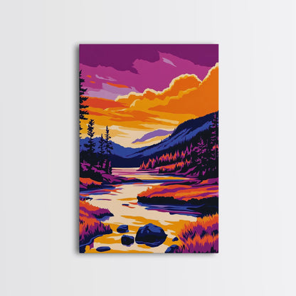 Sunset Lake Art, Colorful Nature Painting, Vibrant Landscape Canvas Print, Cabin Wall Decor, Rustic Home Art, Autumn Boho Wall Art