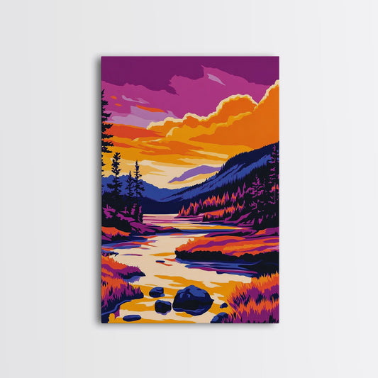 Sunset Lake Art, Colorful Nature Painting, Vibrant Landscape Canvas Print, Cabin Wall Decor, Rustic Home Art, Autumn Boho Wall Art