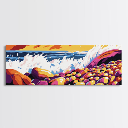 Ocean Waves, Rocky Shore, Coastal Landscape, Framed Canvas Print, Nautical Wall Art, Beach House Decor, Vibrant Seascape, Living Room Art