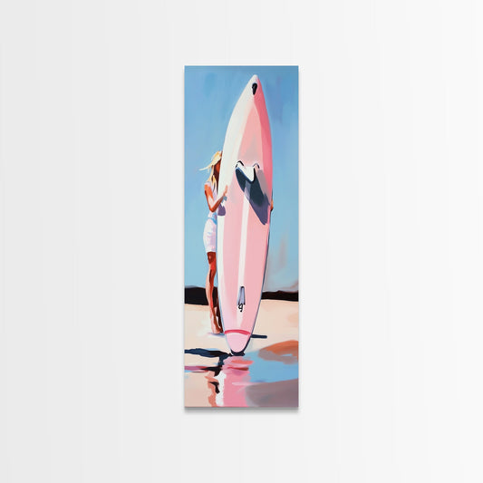 Surfboard Girl, Summer Beach, Coastal Aesthetic, Canvas Print, Boho Wall Art, Minimalist Painting, Living Room Decor, Gift, Pastel