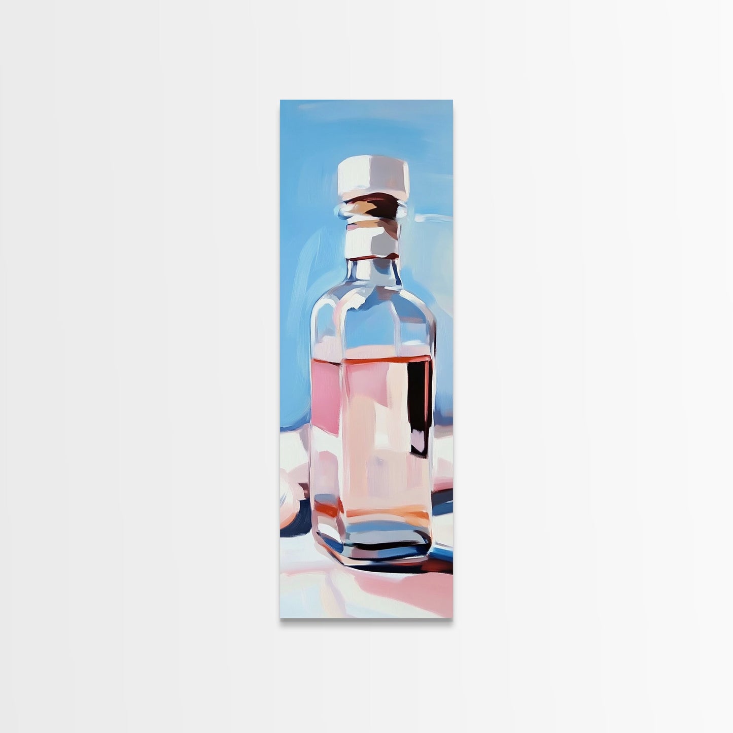Perfume Bottle, Glass Art, Minimalist, Blue, White, Pink, Fashion, Beauty, Elegant, Living Room, Framed Canvas Print