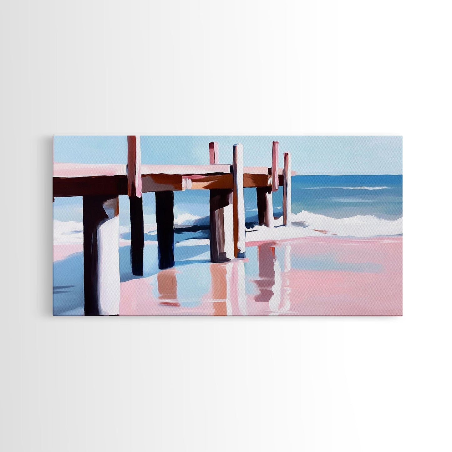 Beach Pier Painting, Coastal Ocean Scene, Nautical Seascape Art, Minimalist Modern Aesthetic, Relaxing Summer Wall Decor, Canvas Print