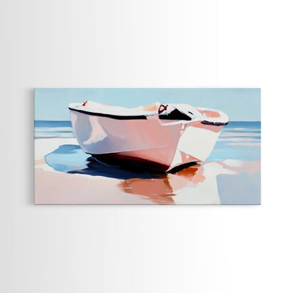 Beach Boat, Ocean Reflection, Coastal Calm, Canvas Print, Minimalist Nautical Art, Summer Home Decor, Living Room Wall Art, Tranquil Vibes