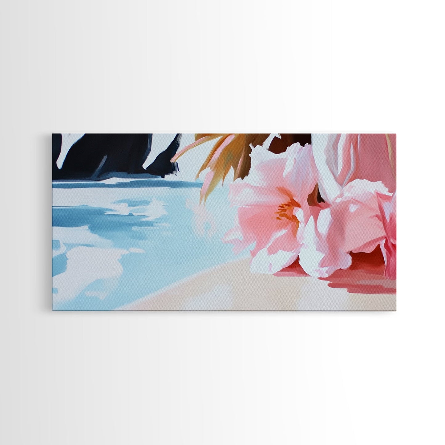 Blossom Beach, Floral Seascape, Coastal Art, Pastel Wall Decor, Living Room Art, Canvas Print, Minimalist Nature Painting, Tranquil Artwork