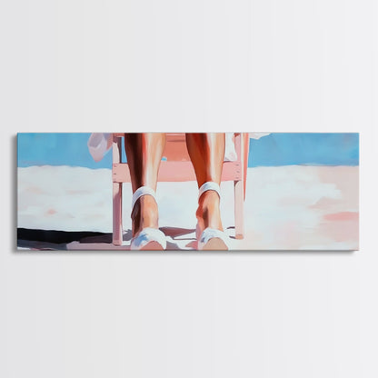 Woman Relaxing, Beach Chair Art, Coastal Summer Scene, Framed Canvas Print, Minimalist Boho Decor, Serene Seaside Home Artwork