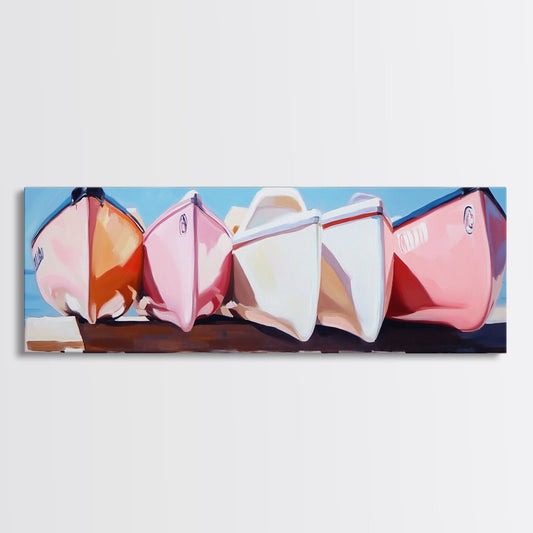 Vintage Boats, Coastal Decor, Nautical Wall Art, Framed Canvas Print, Beach House Art, Rustic Boathouse Painting, Minimalist Seaside Art