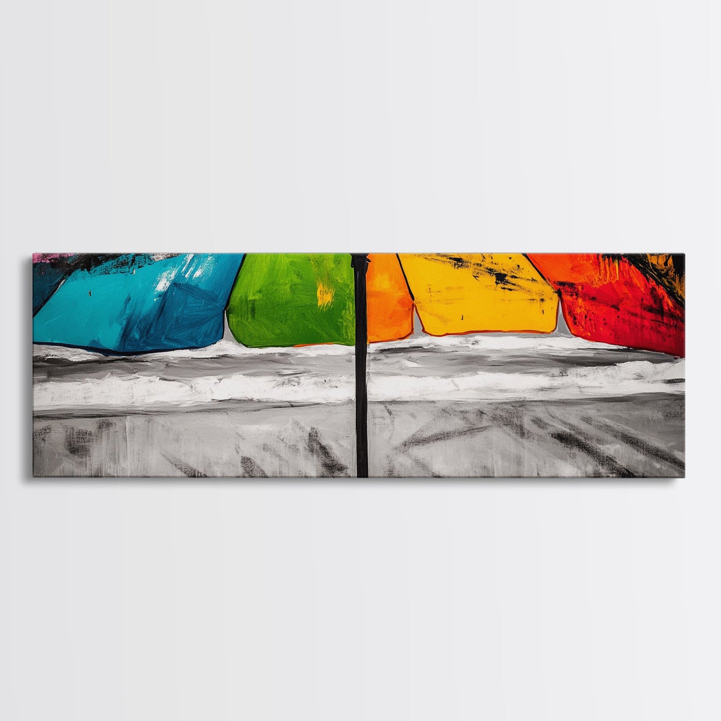 Colorful Umbrella Art, Abstract Beach Painting, Coastal Modern Decor, Vibrant Seaside Print, Bold Canvas Print, Framed Canvas Print
