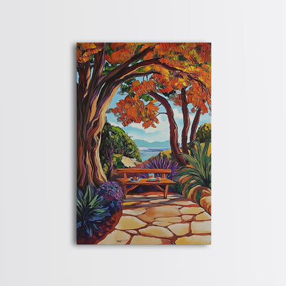 Autumn Table, Garden Path, Scenic View, Framed Canvas Print, cozy fall art, rustic decor, nature painting, Dining Room Wall Art