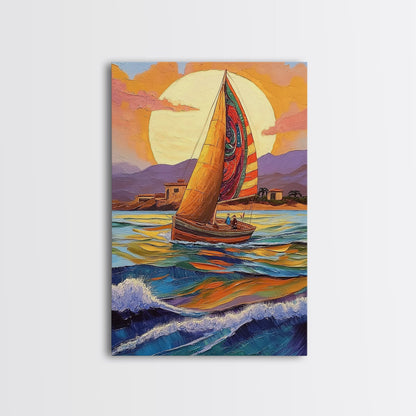 Colorful Sailboat, Coastal Adventure, Sunset Sea, Nautical Art, Living Room Wall Art, Tropical Decor, Framed Canvas Print, Ocean Vibes