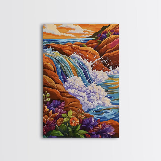 Coastal Waterfall, Ocean Rocks, Tropical Seascape, Sunset Art, Framed Canvas Print bathroom decor, beach lovers gift, colorful nature art