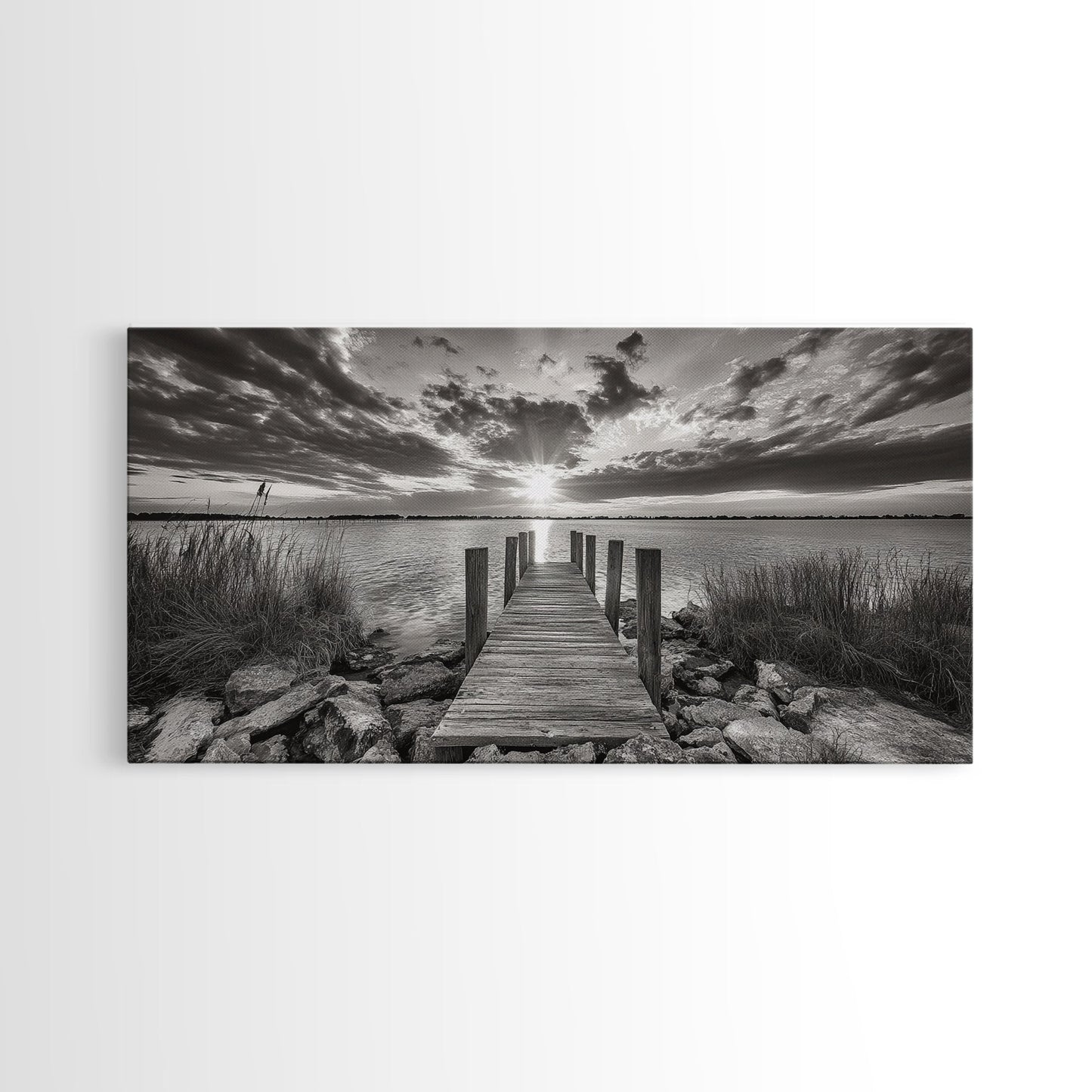 Rustic Dock Sunset, Lakehouse Art, Black White Landscape, Framed Canvas Print, Country Home Decor, Cabin Wall Art, Lakeside Tranquility