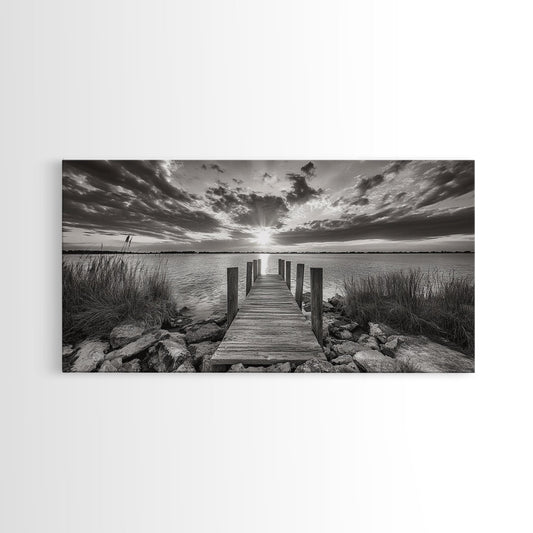 Rustic Dock Sunset, Lakehouse Art, Black White Landscape, Framed Canvas Print, Country Home Decor, Cabin Wall Art, Lakeside Tranquility