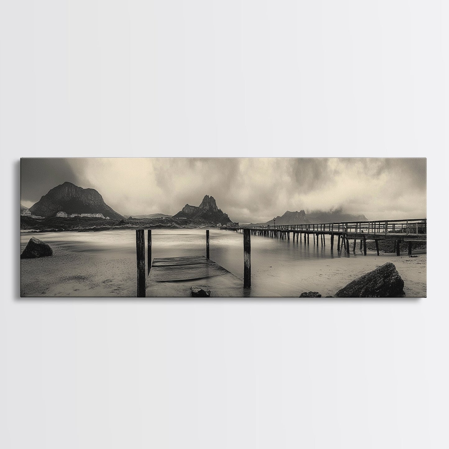 Dockside Calm, Stormy Shore, Ocean Jetty, Framed Canvas Print, Moody Coastal Wall Art, Living Room Art, Rustic Lakehouse Decor
