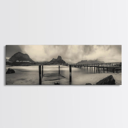 Dockside Calm, Stormy Shore, Ocean Jetty, Framed Canvas Print, Moody Coastal Wall Art, Living Room Art, Rustic Lakehouse Decor