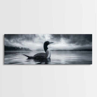 Northern Loon, Water Calm, Moody Wildlife, Canvas Print, Nature Wall Decor, Black and White Animal Art, Lakehouse Wall Art