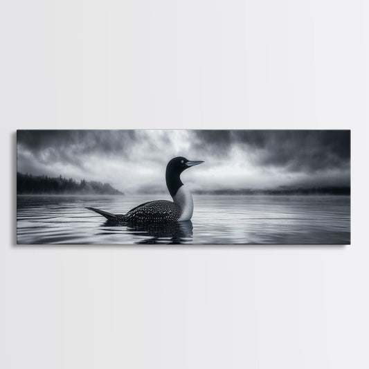 Northern Loon, Water Calm, Moody Wildlife, Canvas Print, Nature Wall Decor, Black and White Animal Art, Lakehouse Wall Art
