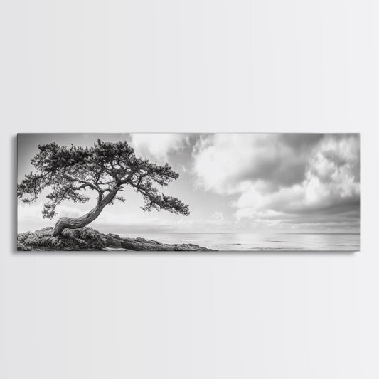 Windswept Tree, Coastal Nature, Ocean Cliff View, Framed Canvas Print, Zen Wall Art, Minimalist Decor, Calm Living Room Accent