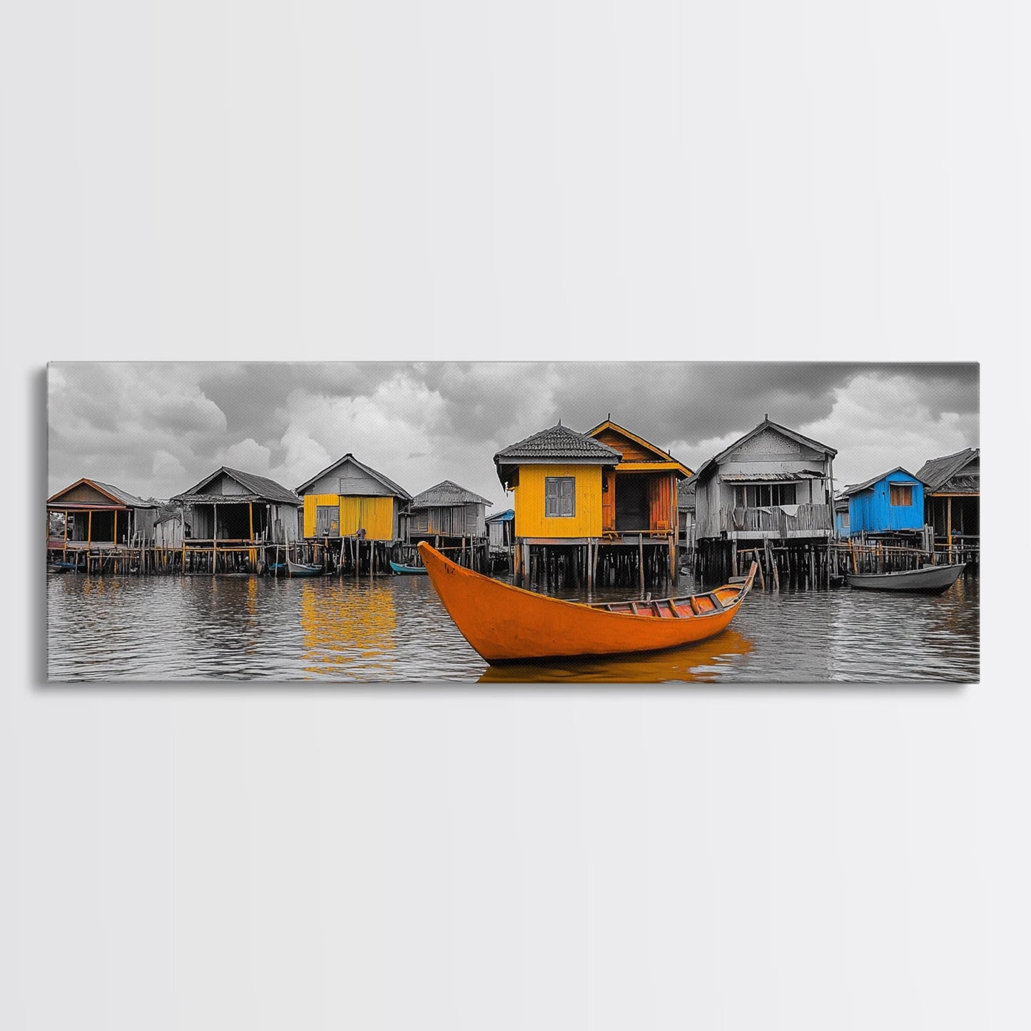 Colorful House Boats, Yellow Stilt Village, Framed Canvas Print, Vibrant Coastal Wall Art, Travel Photography, Living Room Accent Decor