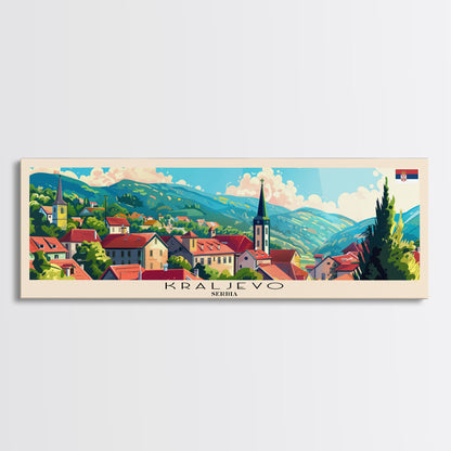 Kraljevo Serbia Panoramic Travel Poster, Framed Canvas Print or Metal Wall Art, Travel Art, Home Decor, Panoramic Painting, Midcentury Art