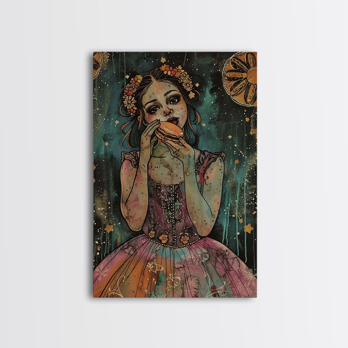 Halloween Girl Eating Macaron, Framed Canvas Print, Wall Art, Living Room Decor, Spooky, Girl Art, Original Painting, Home Decor