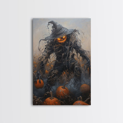 Haunting Scarecrow Holding Pumpkin in Misty Field | Halloween Wall Art | Spooky Home Decor | Creepy Scarecrow Painting | Framed Canvas Print
