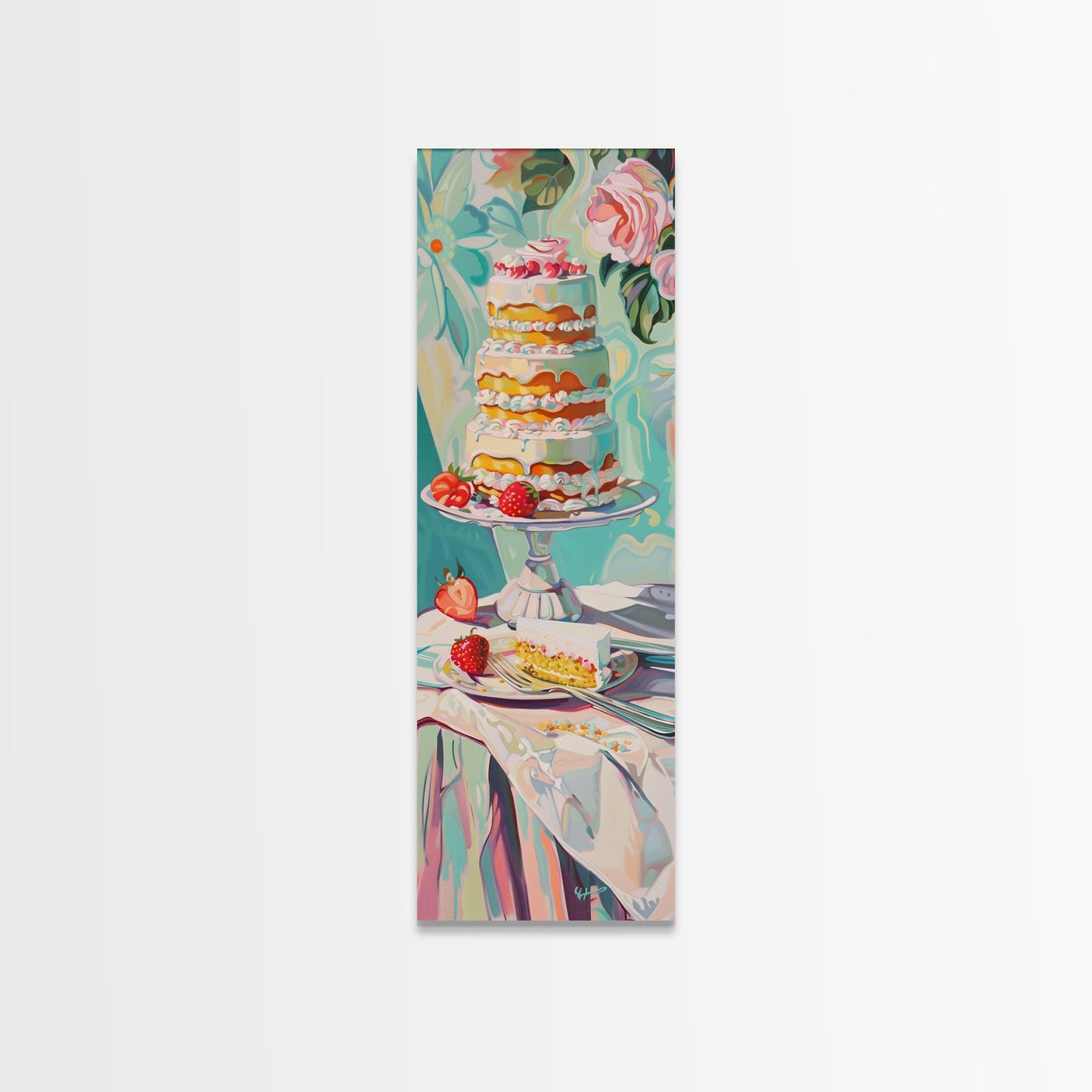 Cake Wall Art Framed and Printed on Canvas, Wall Art for Kitchen or Bakery, Food Art Print, Tall and Narrow Colorful Art for Kitchen