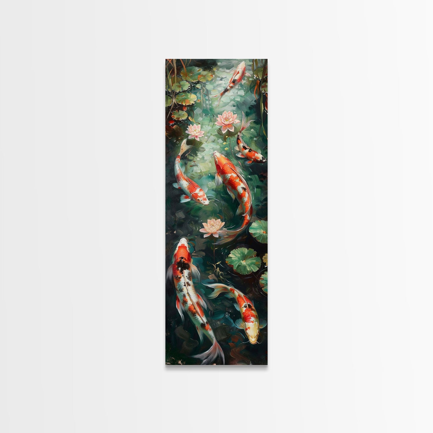 Mystic Forest Pond Koi Fish Boho Farmhouse Wall Art Framed Canvas Print Tall Art Japanese Style Art