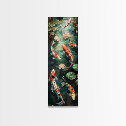 Mystic Forest Pond Koi Fish Boho Farmhouse Wall Art Framed Canvas Print Tall Art Japanese Style Art