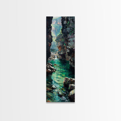 Serene Mountain River Gorge Scene Skinny Art Framed Canvas Print For Living Room Or Bedroom Wall Decor