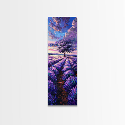 Majestic Lavender Tree in a Flower Field, Skinny and Tall Art, Serene Framed Canvas Print, Peaceful Home Decor