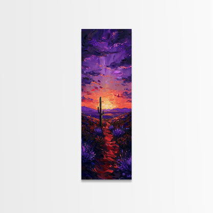 Colorful Sunset Over a Desert Landscape with a Saguaro Cactus and Dramatic Sky on a Framed Canvas Print Skinny Art Piece