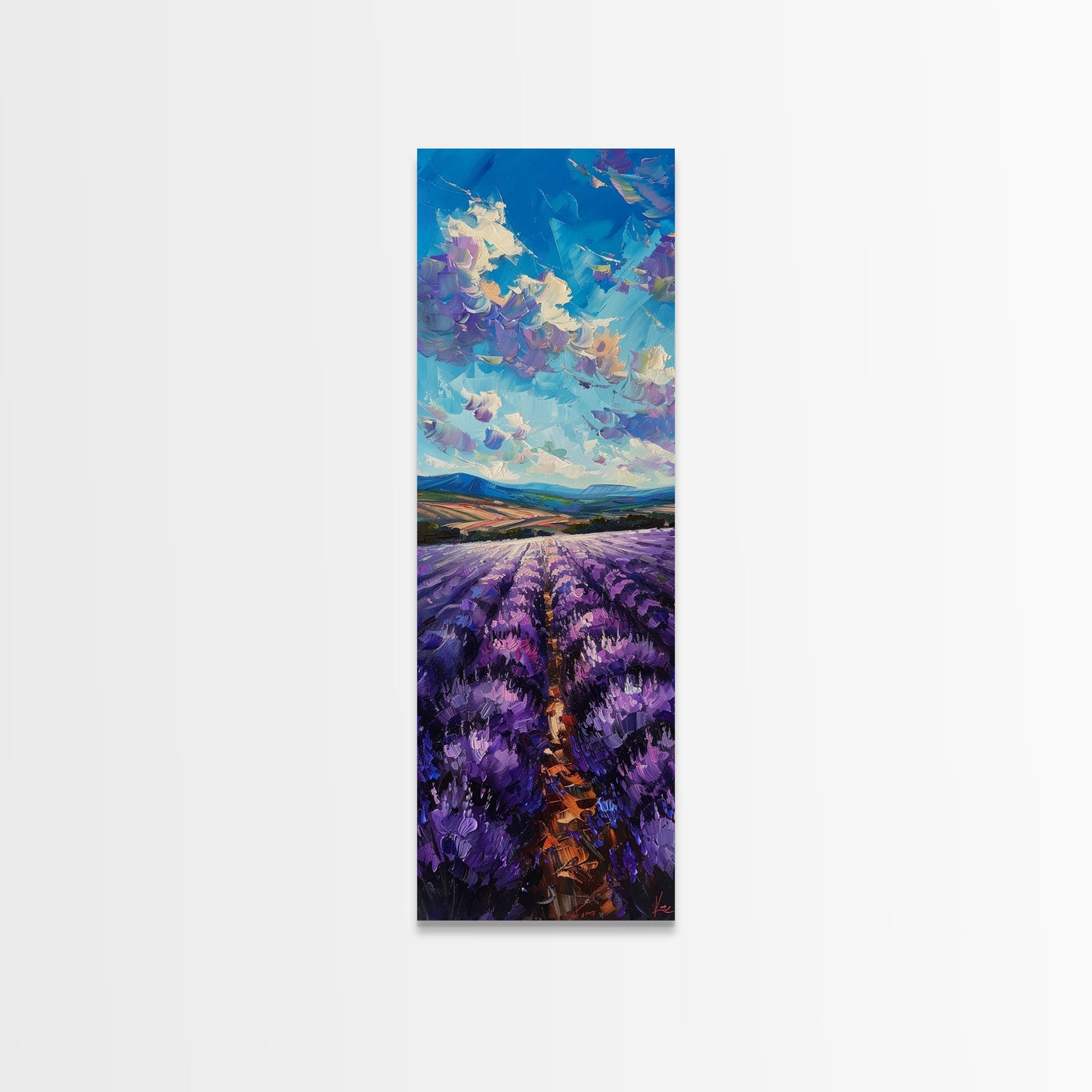 Framed Canvas Print of Wide Lavender Fields Under a Bright Sky Featuring Skinny Tall Art for Stunning Wall Decor in Home or Office