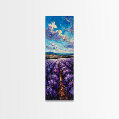 Framed Canvas Print of Wide Lavender Fields Under a Bright Sky Featuring Skinny Tall Art for Stunning Wall Decor in Home or Office