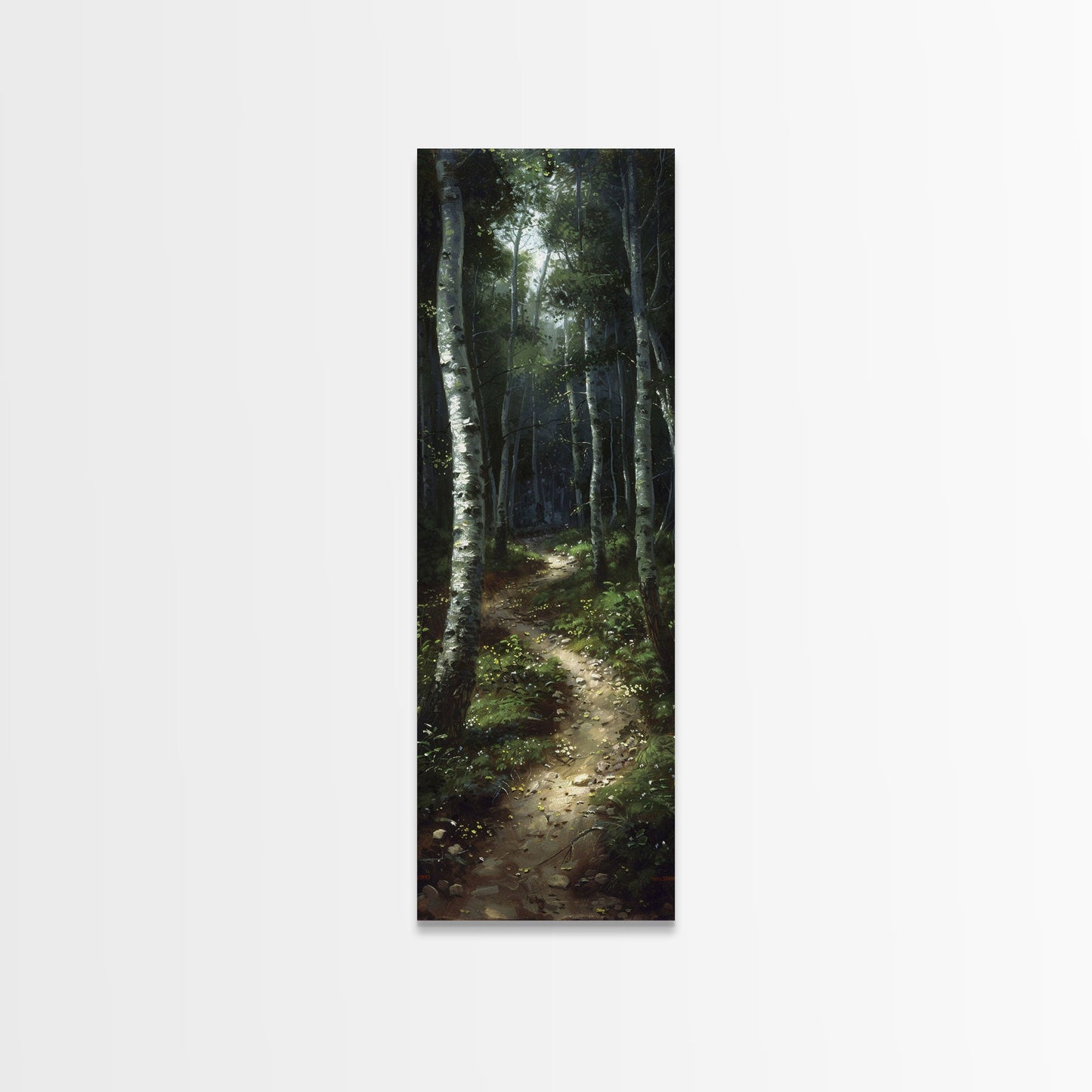 Mysterious Birch Forest Path Tall Skinny Art Framed Canvas Print for Serene and Calming Wall Decor in Homes or Offices