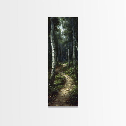 Mysterious Birch Forest Path Tall Skinny Art Framed Canvas Print for Serene and Calming Wall Decor in Homes or Offices