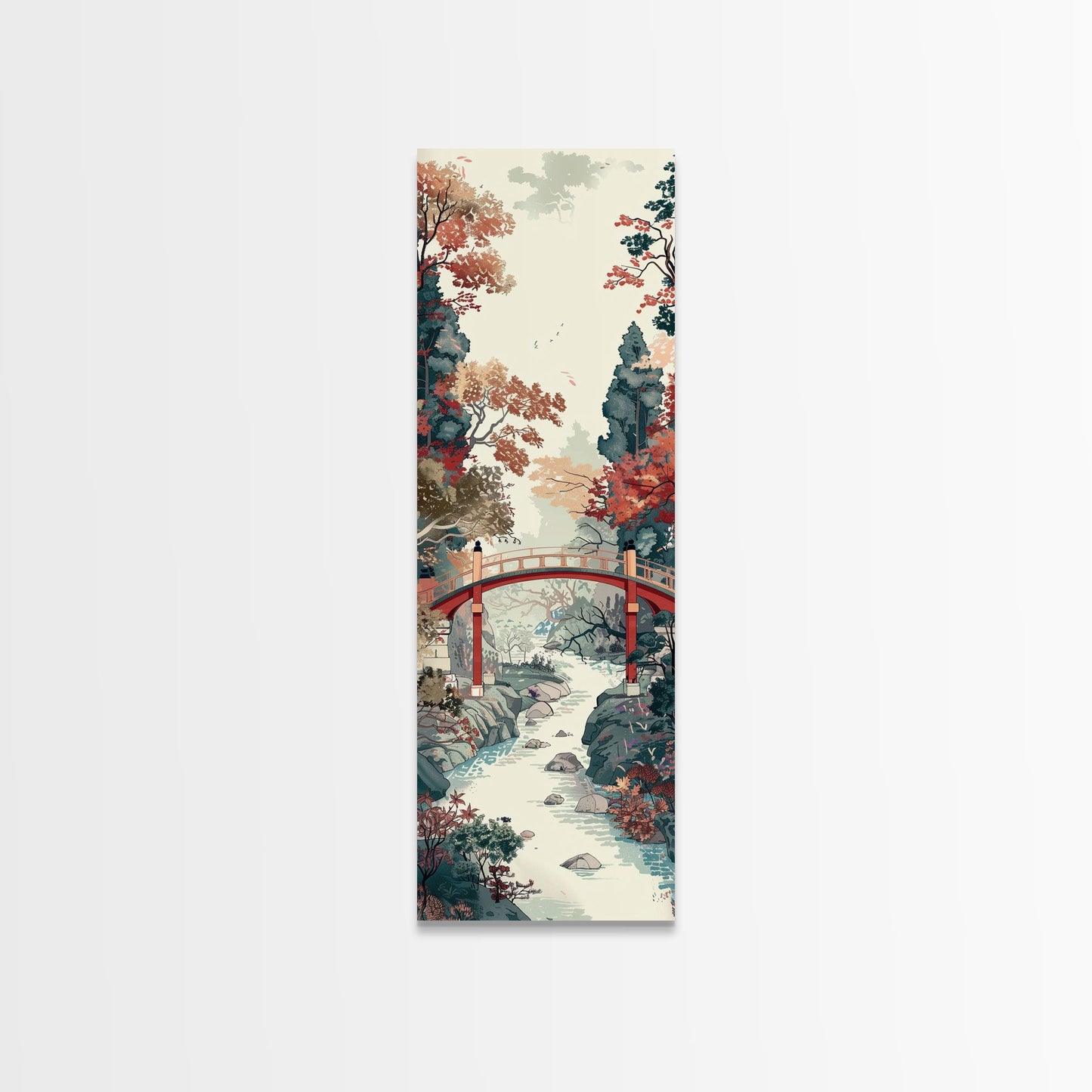 Traditional Japanese Skinny Art of Autumn Bridge in Serene Landscape with Fall Foliage – Framed Canvas Print