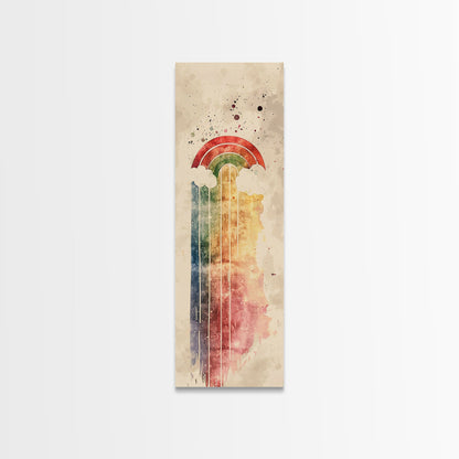 Vintage-Inspired Rainbow Waterfall Ukiyo-e Art Skinny Framed Canvas Print in Neutral Tones