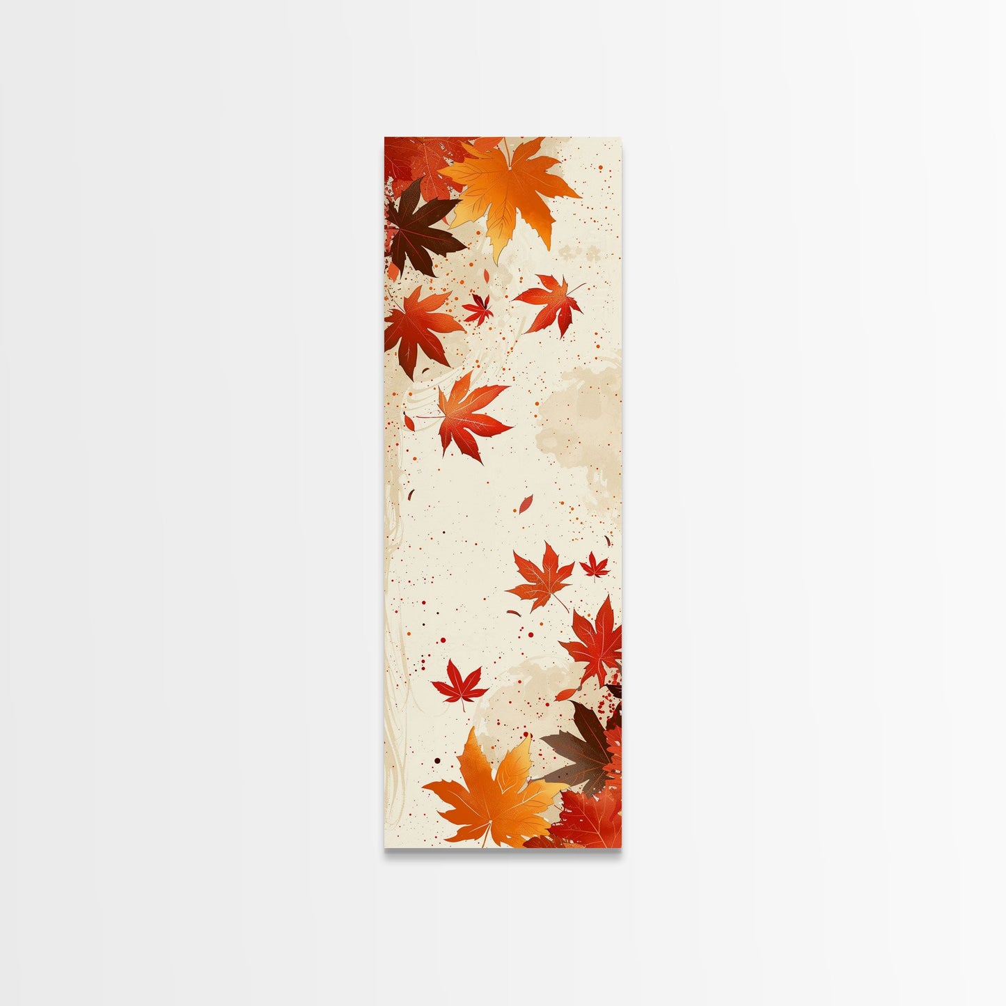 Skinny Art Autumn Leaves In Japanese Style Wood Block Print Warm Red And Orange Tones On Framed Canvas Print, Tall Art Ukiyo-e