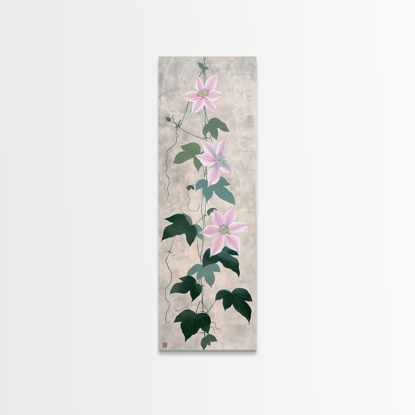 Skinny Art Clematis Vine In Japanese Style Wood Block Print Soft Pink Flowers On Framed Canvas Print, Tall Art Ukiyo-e