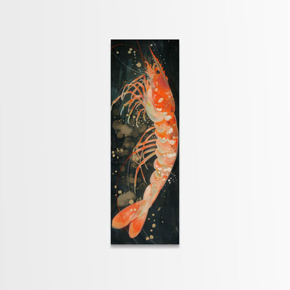Shrimp Illustration Underwater Theme Deep Sea Skinny Art Tall Art Framed Canvas Print Japanese Style Art Ukiyo-e Art Wood Block Print Marine Life