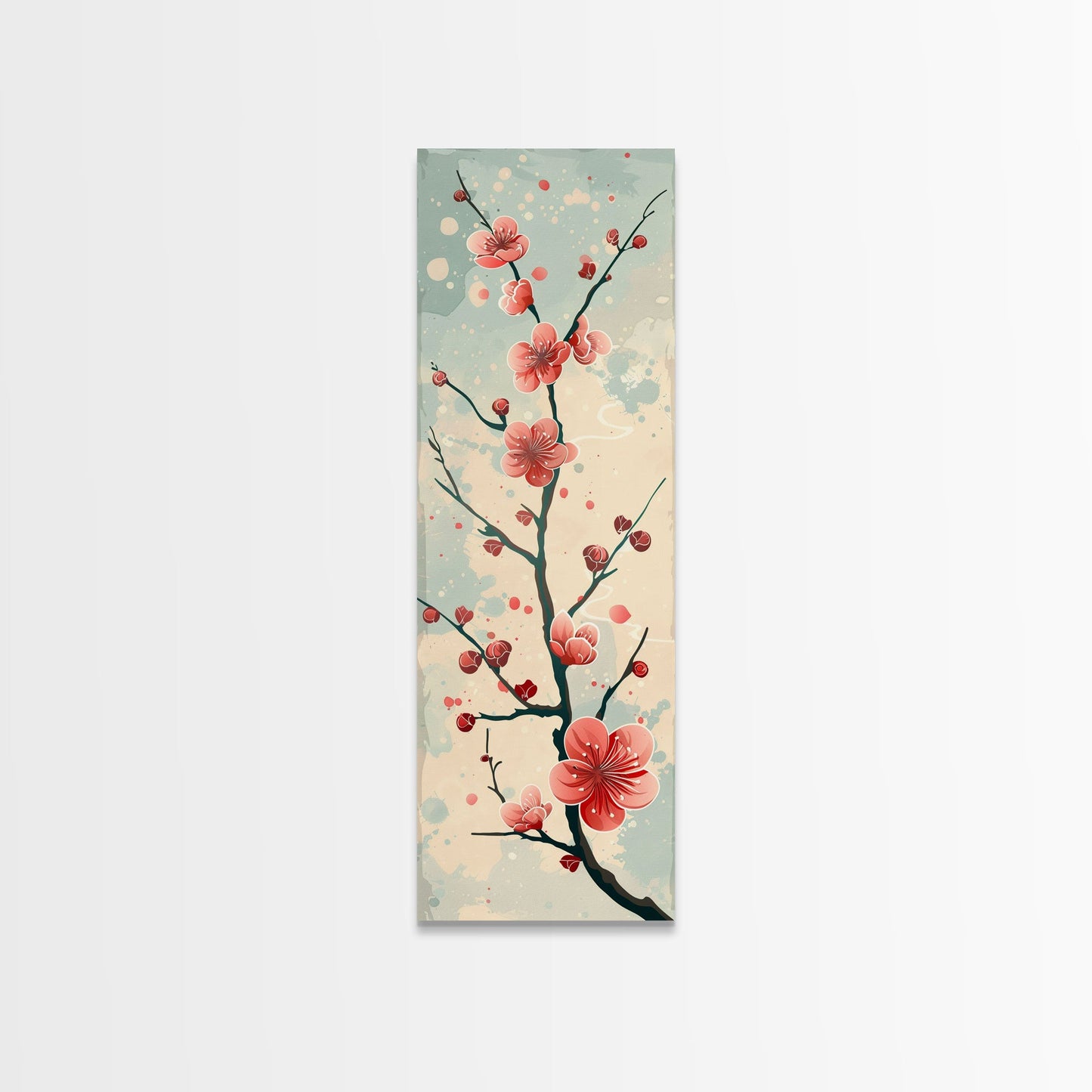 Peach Blossoms On Branch With Soft Pastel Background Tall Art Skinny Art Framed Canvas Print Japanese Style Art Ukiyo-e Wood Block Print