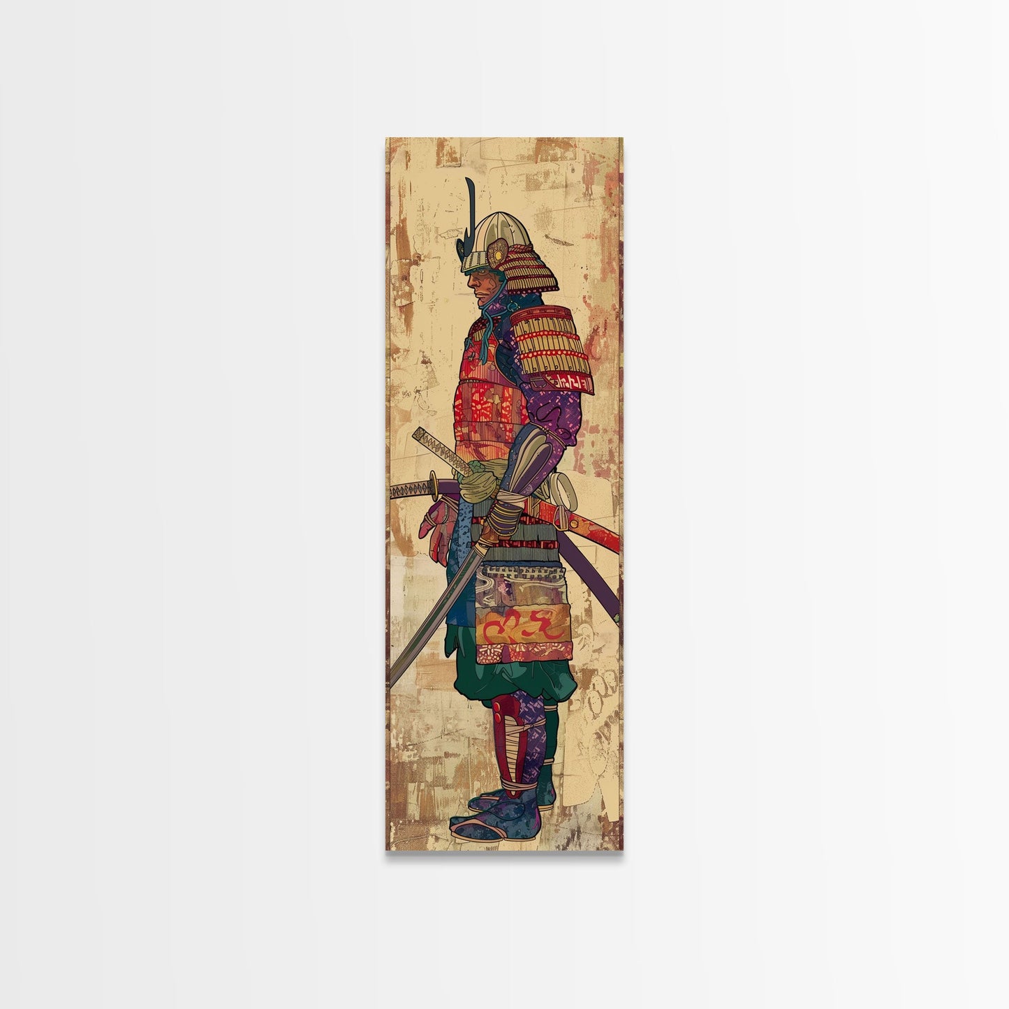 Samurai Warrior Traditional Japanese Armor Cultural Art On Framed Canvas Print Ukiyo-e Art Style Tall Skinny Wood Block Wall Decor