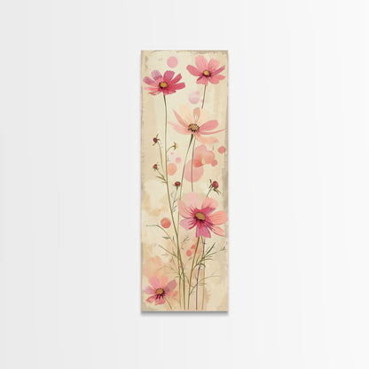 Delicate Pink Flowers with Tall Stems on a Subtle Beige Background Ukiyo-e Art Japanese Framed Canvas Print Skinny Tall Art